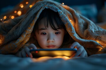 Young child under blanket looking at glowing screen of a tablet in a dark room.