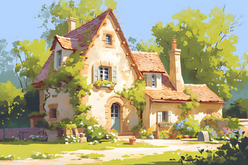 French house with a red roof. The house has a garden with flowers and plants - 785372292