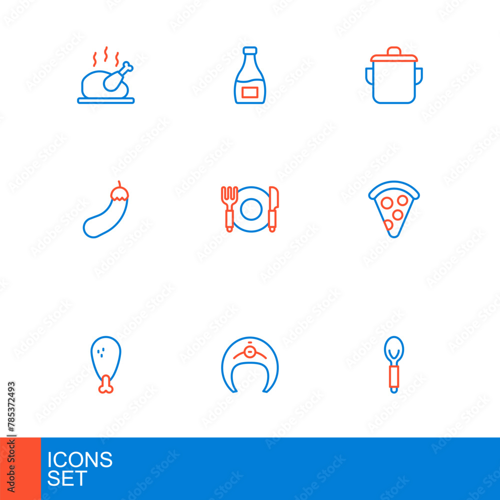 Poster Set line Spoon, Fish steak, Chicken leg, Slice of pizza, Eggplant, Plate, fork and knife, Cooking pot and Sauce bottle icon. Vector