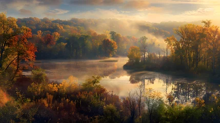 Fotobehang Autumnal Splendor at Ohio State Park - Morning Mist over Tranquil Lake and Lush Foliage © Hattie