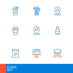 Set line Coffee table, Cake, Bag coffee beans, Milk bottle, cup to go, Location with, and maker moca pot icon. Vector