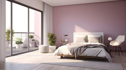 Minimalist and modern bedroom, purple wall with glass balcony window.