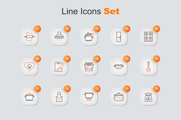 Set line Scales, Cooking pot, on fire, Kitchen apron, Spatula, colander and Oven icon. Vector