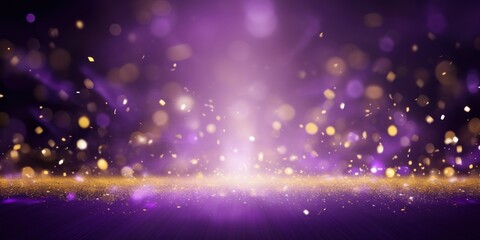 Purple background, football stadium lights with gold confetti decoration, copy space for advertising banner or poster design - obrazy, fototapety, plakaty