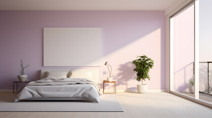 Minimalist and modern bedroom, purple wall with glass balcony window.