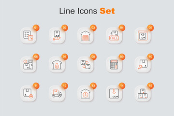 Set line Carton cardboard box, Warehouse price, Delivery cargo truck, Search package, Calculator and Cardboard with traffic symbol icon. Vector