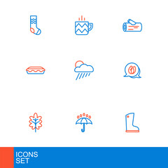 Set line Waterproof rubber boot, Umbrella and rain drops, Leaf, Homemade pie, Cloud with sun, Wooden log and Cup tea icon. Vector