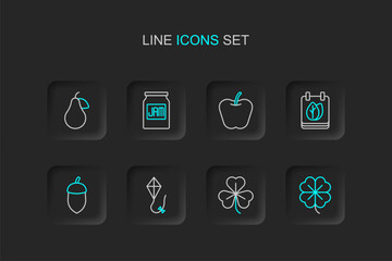 Set line Four leaf clover, Clover, Kite, Acorn, Calendar with autumn leaves, Apple, Jam jar and Pear icon. Vector