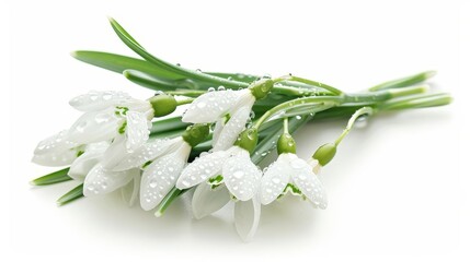 delicate bunch of snowdrop flowers with water droplets on petals isolated on white background photo