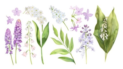 delicate spring flowers watercolor set lily of the valley and lilac blossoms clipart