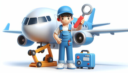 3D Aviation Maintenance Icon: Aircraft Mechanic Conducting Daily Maintenance Checks and Ensuring Airworthiness in Candid Routine Work Environment on Isolated White Background - obrazy, fototapety, plakaty