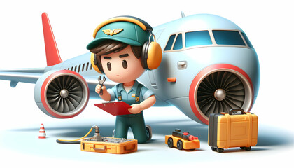 3D Icon: Aircraft Mechanic Conducts Routine Maintenance Checks for Aviation Airworthiness in Daily Candid Environment on Isolated White Background