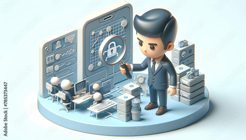 Poster cybersecurity analysis: 3d icons depicting the daily routine of a cybersecurity analyst ensuring net