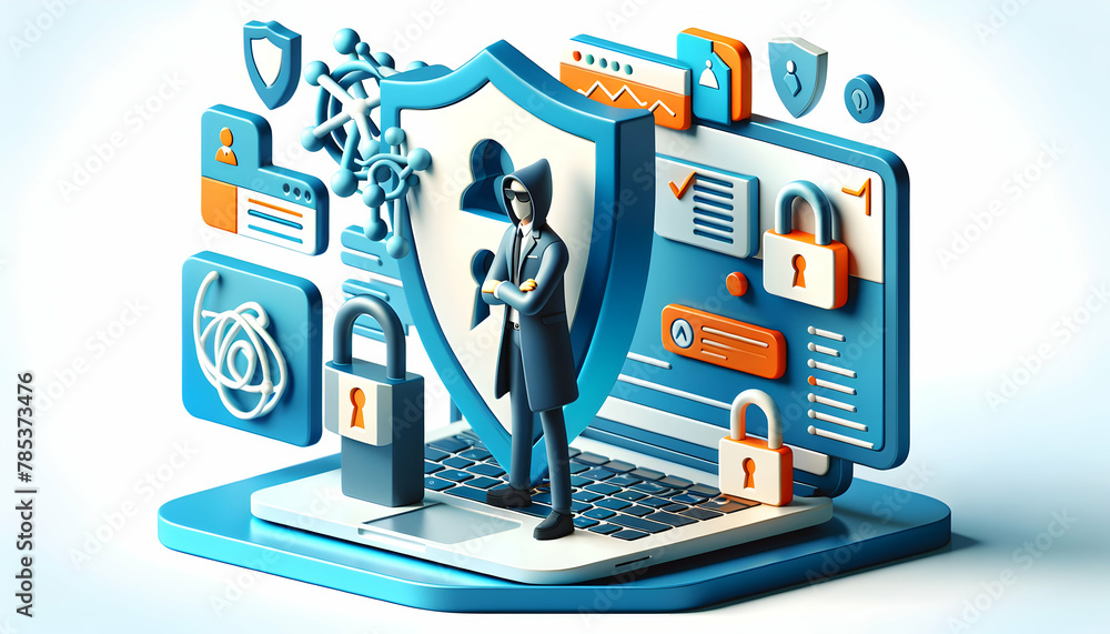 Poster cybersecurity strategy: 3d icon of a cybersecurity specialist developing a robust defense plan again