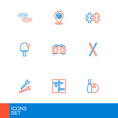 Set line Bowling pin and ball, Crossword, Dart arrow, Crossed billiard cues, Racket, Time chess clock, Puzzle pieces toy and Game dice icon. Vector