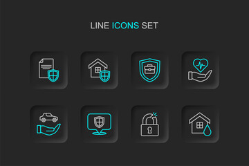 Set line House flood, Broken or cracked lock, Location shield, Car insurance, Life hand, Briefcase with, and Contract icon. Vector