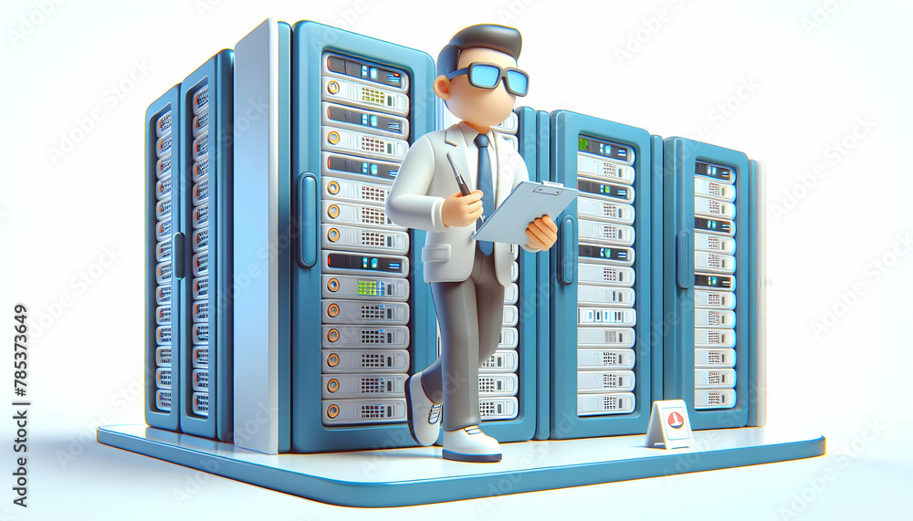 Poster 3d icon: it professional navigating through data center aisles in candid daily environment