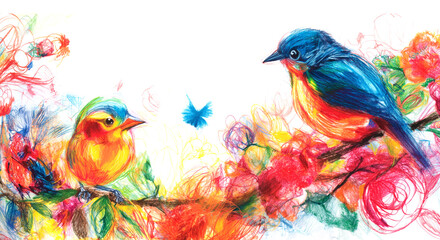 Floral Whispers A Pencil Sketch of Birdsong : A Colorful drawing of two birds on a branch.