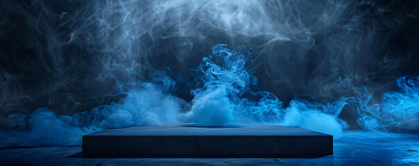 Product platform Dark blue floor podium empty room table scene to place display in a studio smoky dust.