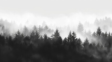 dramatic silhouette of dense forest against white foggy sky moody dark woods landscape digital art - obrazy, fototapety, plakaty