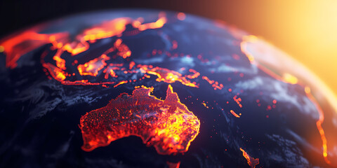 Planet Earth burning under the extreme heat of the sun, conceptual illustration of global warming, temperature increase disaster in Australia, over heating of the world in climate change