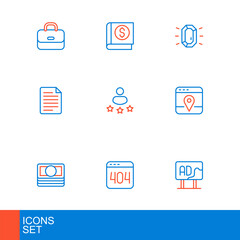 Set line Advertising, Page with a 404 error, Stacks paper money cash, Infographic of city map, File document, Consumer product rating, Diamond and Financial book icon. Vector