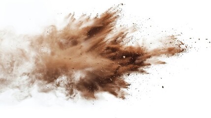 dry soil explosion isolated on white background abstract dust particles dispersing earthy brown texture creative concept photo