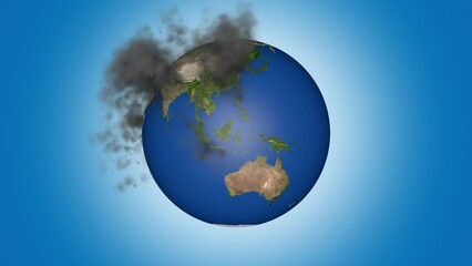 Air pollution. Loop section 20:00 to end. World's most polluted cities. Data from WHO Air Quality Database and other studies for Coarse Particulate Matter (PM10) levels. Smoke builds up to cover globe - Powered by Adobe