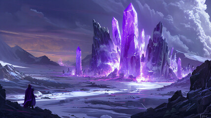 Fantasy landscape with sandy glaciers and purple crystal - obrazy, fototapety, plakaty
