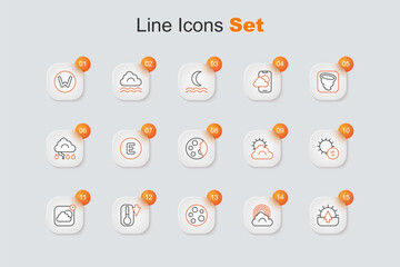Set line Sunrise, Rainbow with cloud, Moon, Thermometer, Weather forecast app, and weather and phases icon. Vector - obrazy, fototapety, plakaty