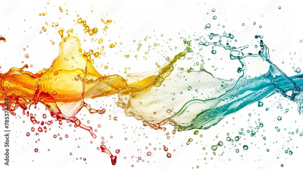 Poster dynamic liquid splashing with colorful droplets frozen in motion on white background abstract photog