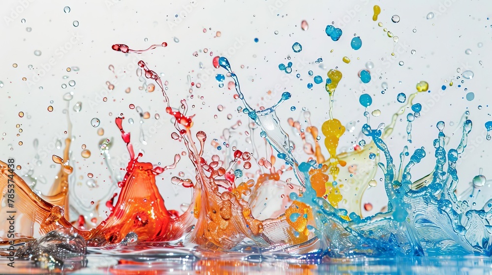 Poster dynamic liquid splashing with colorful droplets frozen in motion on white background abstract photog