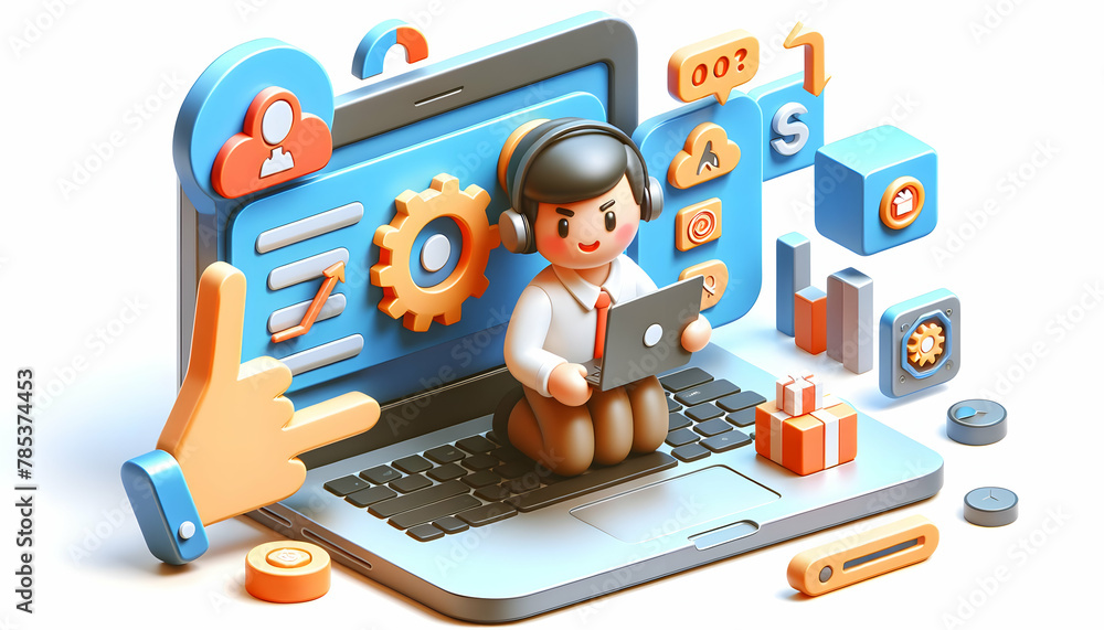 Poster 3d icon of it project management: overseeing enterprise software deployment in a candid daily work e