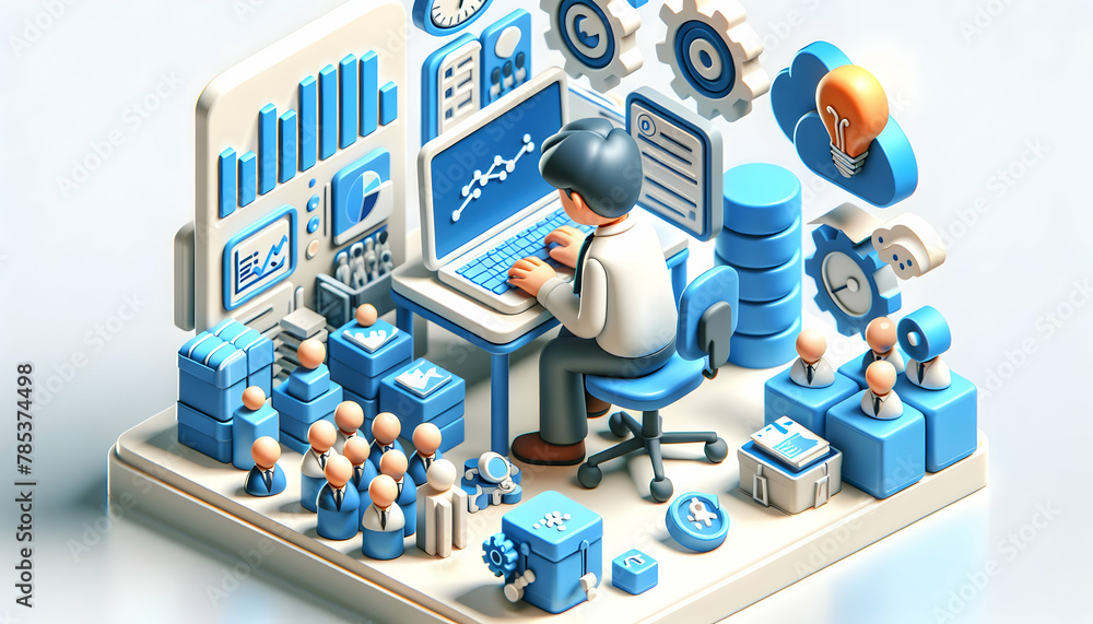 Poster 3d icon: it project manager overseeing new enterprise software deployment in candid daily environmen