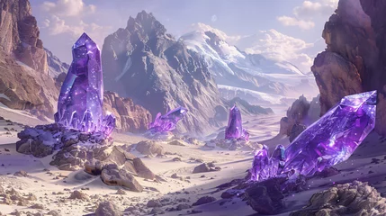 Gordijnen Fantasy landscape with sandy glaciers and purple crystal © Anas