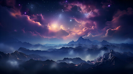Fantasy night sky with stars and mountains.  illustration. Fantasy landscape.