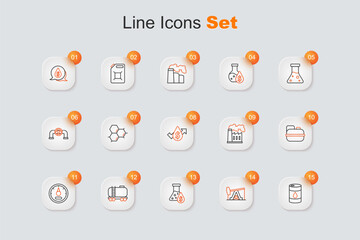 Set line Barrel oil, Oil pump or pump jack, petrol test tube, railway cistern, Motor gas gauge, Canister for gasoline, and industrial factory and price increase icon. Vector