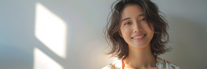 portrait of beautiful Asian woman with shoulder length hair in a floral robe smiling, sunlight on her face, white background,