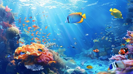 dynamic underwater scene with colorful tropical fish and coral reef digital painting