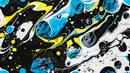 Abstract Acrylic Pour Painting With Blue and Yellow Swirls