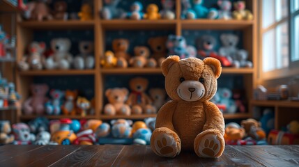 Brown Teddy bear on wooden table, surrounded by plush toys on shelf
