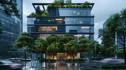 ecofriendly glass office building with trees for reducing heat and carbon dioxide in modern city sustainable architecture 3d rendering - obrazy, fototapety, plakaty
