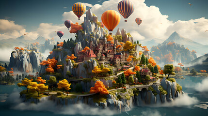 Fantasy landscape with castle and hot air balloons. 3D rendering