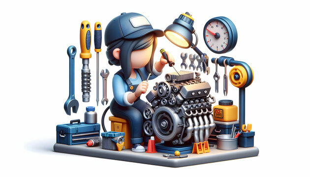 Precision Tuning: 3D Icon of a Mechanic Fine-Tuning an Engine with Tools in a Bustling Garage, Candid Daily Environment and Routine of Work Theme, Isolated White Background