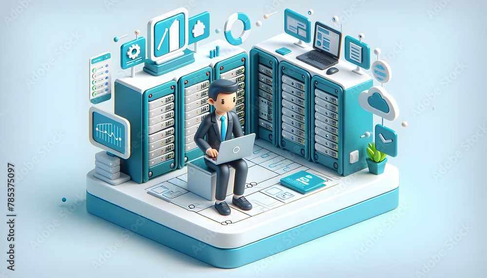 Poster 3d icon: server room efficiency - an it expert optimizes server configurations in a data center in a