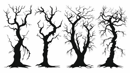 eerie silhouettes of spooky trees isolated on white halloween illustration elements - obrazy, fototapety, plakaty