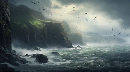 A dramatic coastline battered by crashing waves, rugged cliffs jutting out into the sea as seabirds soar overhead against a stormy sky. - obrazy, fototapety, plakaty
