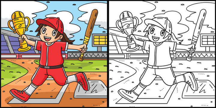 Girl Holding Baseball Bat and Trophy Illustration