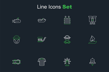 Set line Ship bell, steering wheel, Striped sailor t-shirt, Nautical rope knots, Yacht sailboat, Marine bollard with and Sailor icon. Vector