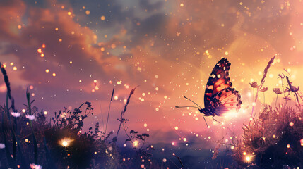 Fantasy landscape with sparkles and butterfly